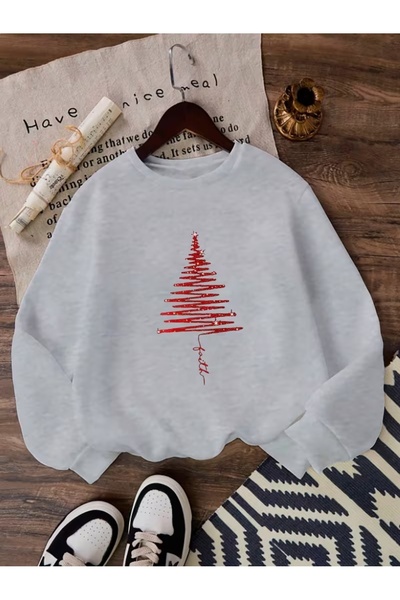 AEMİ Brad de Crăciun unisex cu imprimeu supradimensionat bumbac 100% guler ro...