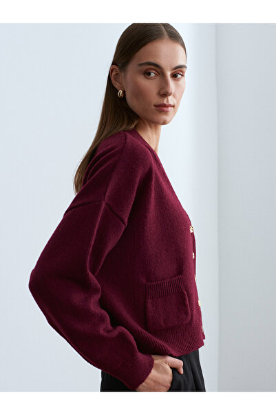 Dilvin 60999 Wool Blend Pocket Detailed Knitwear Cardigan-Burgundy