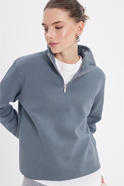Tudors Women's Relax Fit Comfortable Cut Cotton Fleece Lined Half Zipper Gray Stand Collar Sweatshirt