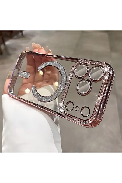 UnDePlus Apple iPhone 17 Pro Max Kılıf M-Safe Şarj Uyumlu Simli Kamera Kenar Taşlı Kapak Joke