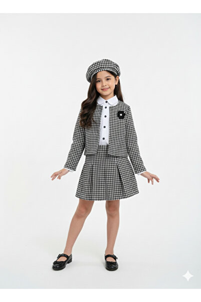 tinytrends Set de 4 piese pentru fetiță: jachetă din bumbac cu model, cămașă, fustă, beretă (cu cadou de ciorapi)