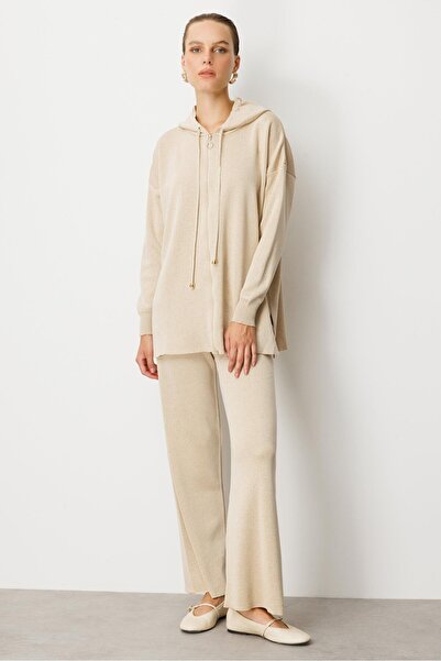 accort Kapüşon Detay Simli Triko Takım-BEJ