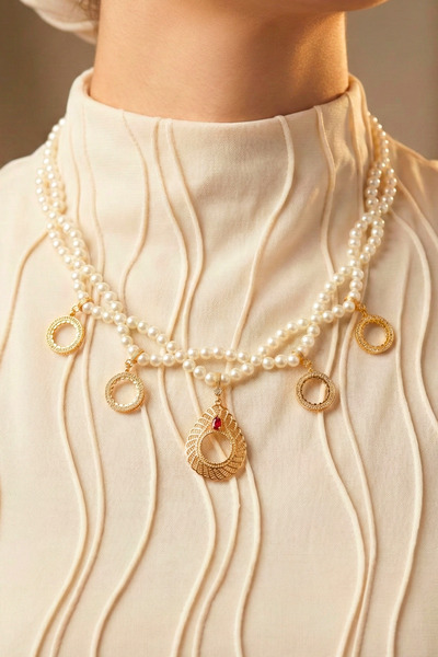 TwinsCollection Çeyrekli Altın Uyumlu 8mm İncili 5'i Bir Yerde Kolye - Çeyrekli Beşi Bir Yerde Kolye