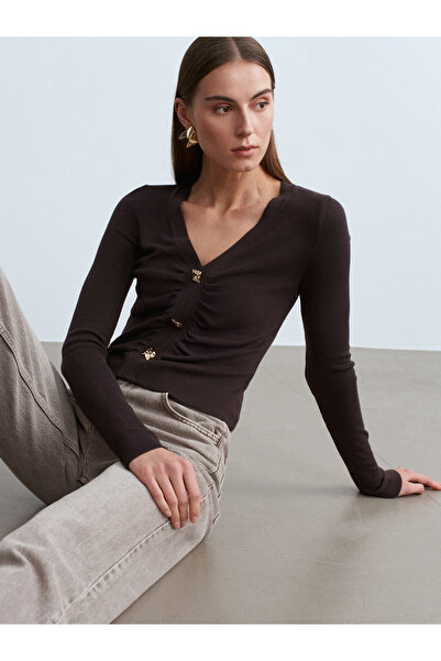 Dilvin 10805 V-Neck Buttoned Sweater-Dark Brown