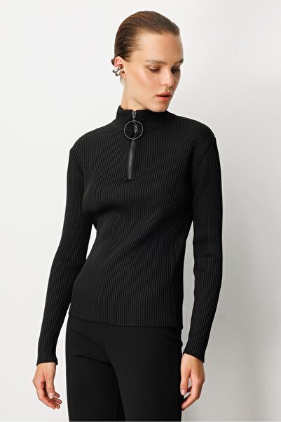 accort Fermuar Yaka Yarım Balıkçı Triko Kazak-SİYAH