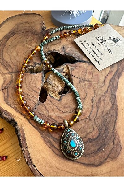 parze doğaltaş Jasper and Drop Amber, Copper Turquoise Inlaid Design Necklace