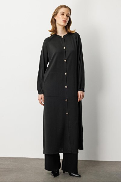 accort Kolları Lastikli Cep Detay Uzun Hırka-SİYAH