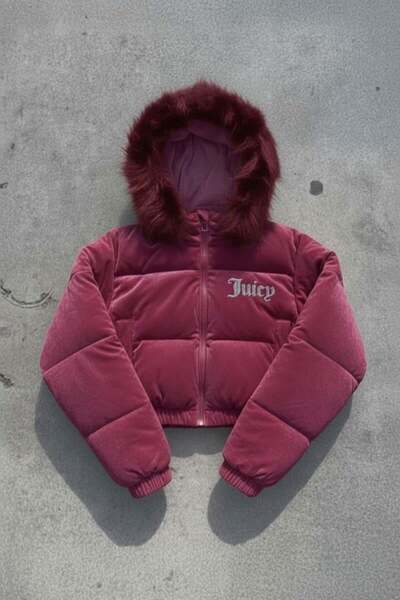BALİNA Burgundy Juicy Stone Printed Inflatable Bomber Crop Coat