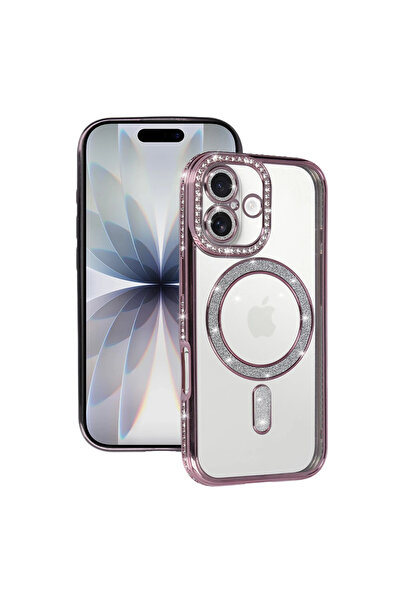 UnDePlus Apple iPhone 17 Kılıf M-Safe Şarj Uyumlu Simli Kamera Kenar Taşlı Ka...