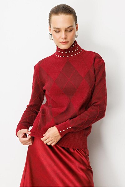 accort Taş Detaylı Yarım Balıkçı Triko Kazak-BORDO