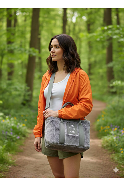 mefehe Kadın Gri Kolon Askılı Kürklü Peluş Çapraz Çanta