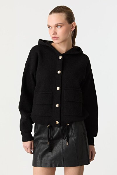 accort Kapüşon Detaylı Peluş Hırka-SİYAH