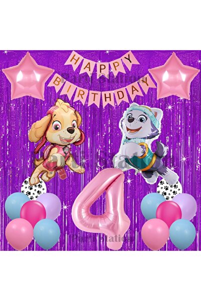 Parti Station Paw Patrol Skye ve Everst Konsept 4 Yaş Doğum Günü Mor Püskül P...