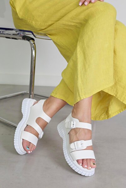 Stil Durağı St2011 model new season 3 cm sole Striped Detail sandals white