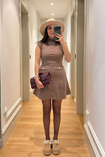 MAGARDE Sleeveless Button Detail Premium Dress- Camel