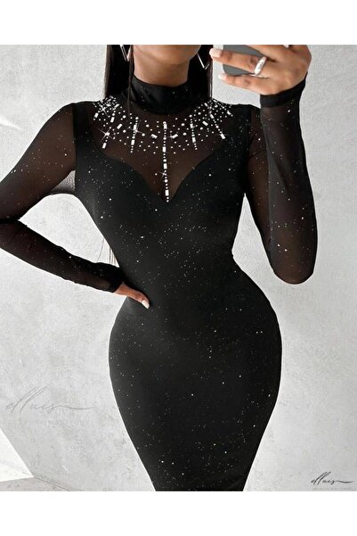 JANES Women's Turtleneck Long Sleeve Casual Param and Stone Detail Midi Lengt...