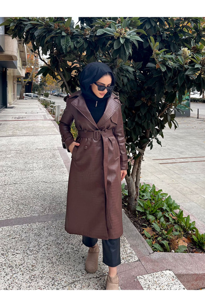ayriss Belted Crocodile Leather Trench Coat