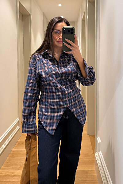 MAGARDE Tie Detail Asymmetrical Cut Plaid Shirt - Dark Blue