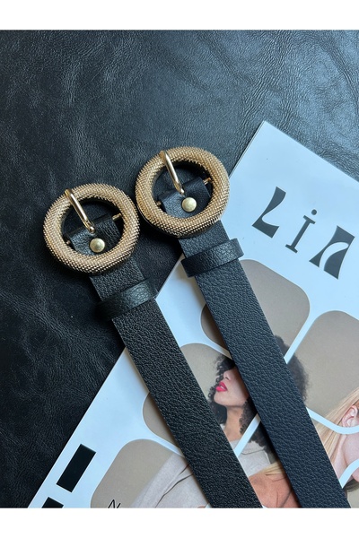 LİA KEMER 2-Pack Lush Serrated Round Patterned Women's Gold Buckle Belt Jacket Belt Dress Belt Trouser Belt