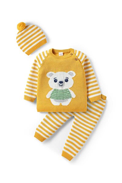 Babyhug Knitted Full Raglan Sleeves Sweater Set With Cap & Bear Design - Yellow