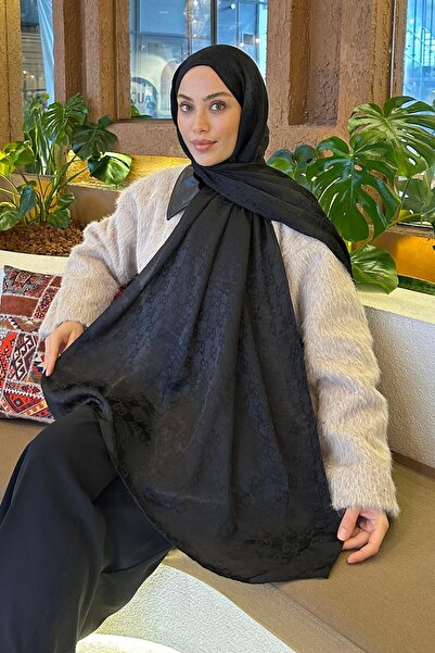 lamelif G Desen Ayrobin Floş Jakar Şal Siyah