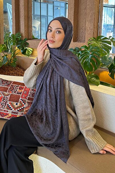 lamelif Bloom Desen Ayrobin Floş Jakar Şal Füme