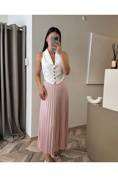 her place Pudra rengi pileli midi boy etek