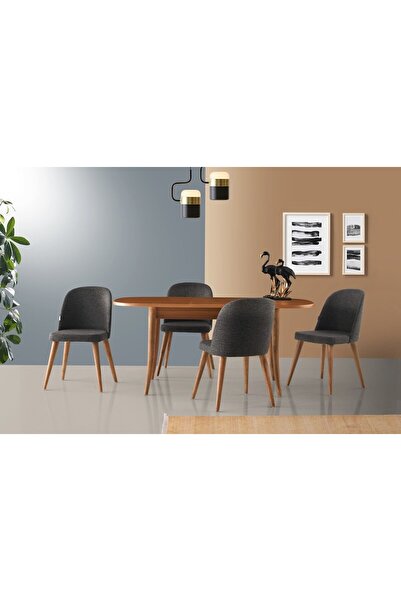 VRL Sorite Oval Ahşao Ayaklı Masa Tuna Ahşap Sandalye Takımı