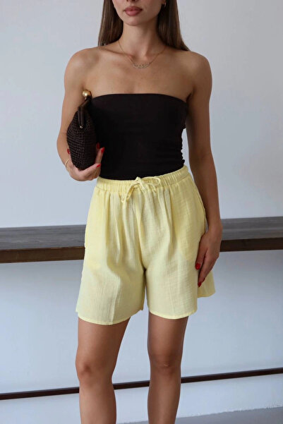 ELNOYA Muslin Fabric Shorts Lace-Up Yellow Pt - XL