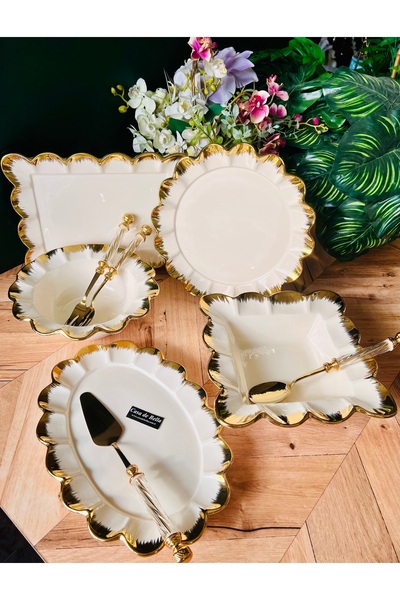 CASA DE BELLA Gold Kenarlı 5 Parça Kabartmalı Sunum Servis Seti