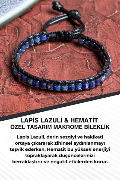 Saff Doğal Taş Lapis Lazuli & Hematite Special Design Macrame Bracelet
