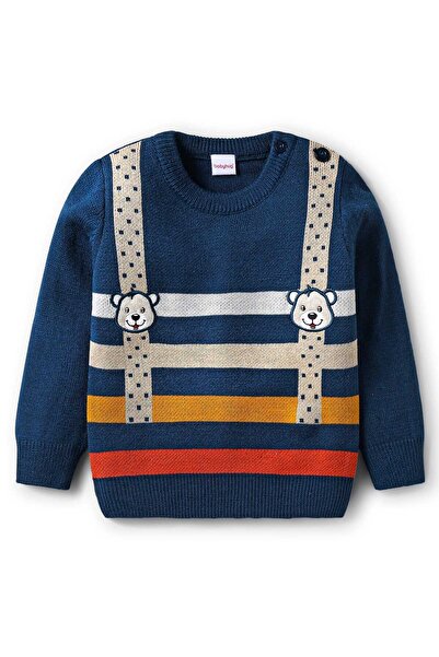 Babyhug Knitted Full Sleeves Pullover Sweater With Teddy Bear Embroidery - Navy Blue