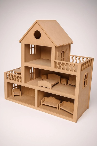 ROZİTOYS Ahşap Montessori 3 Katlı Boyanabilir, Aksesuarlı Oyun Evi