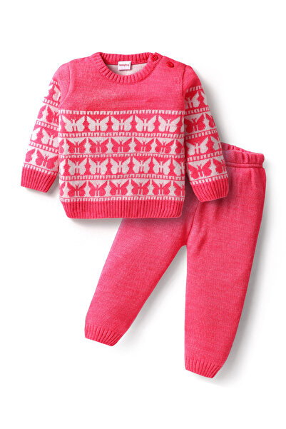 Babyhug Knit Full Sleeves Sweater Set with Butterfly Design - Pink