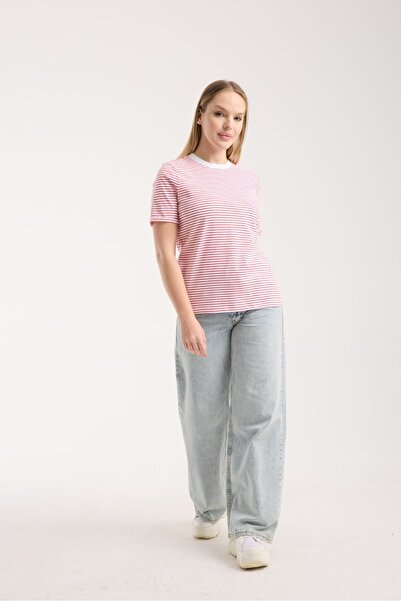 G-FOX Tricou cu mânecă scurtă cu gât rotund pentru femei bumbac 100% Slim Striped B basic 6012