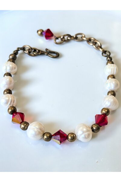 THİNBLACK Bracelet – Real Pearl & Red Crystal Stone, Bronze Detailing