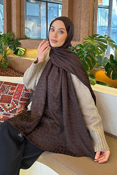 lamelif Bloom Desen Ayrobin Floş Jakar Şal Acı Kahverengi