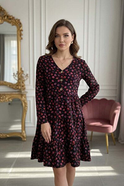 Yağmur Butik V Yaka Fırfırlı Pazen Elbise