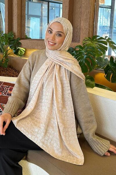 lamelif Bloom Desen Ayrobin Floş Jakar Şal Bej