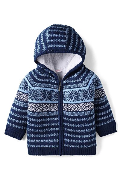 Babyhug Knit Full Sleeves Hooded Front Open Sweater with Aztec Design - Navy Blue