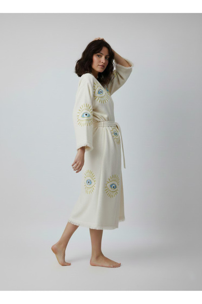 REİNA TEKS Kimono Kaftan Blue-Yellow Big Eye Pattern Stone Print 1 Piece Bohe...