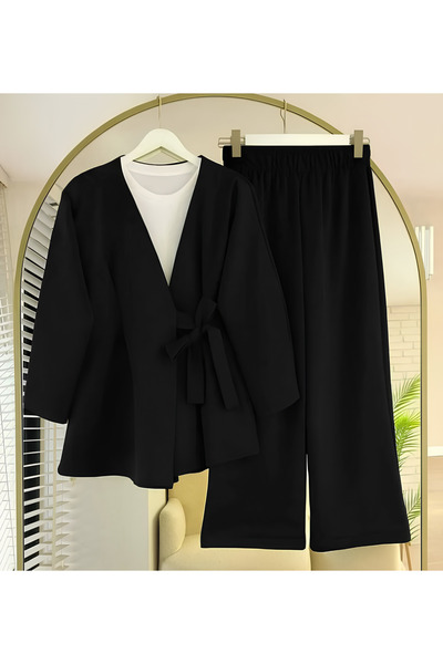 lillia kids Double Fabric Belted Kimono & Wide Leg Pants Two-Piece Set