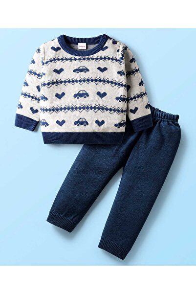 Babyhug Knitted Full Sleeves Sweater Set with Car & Heart Design - White & Navy Blue