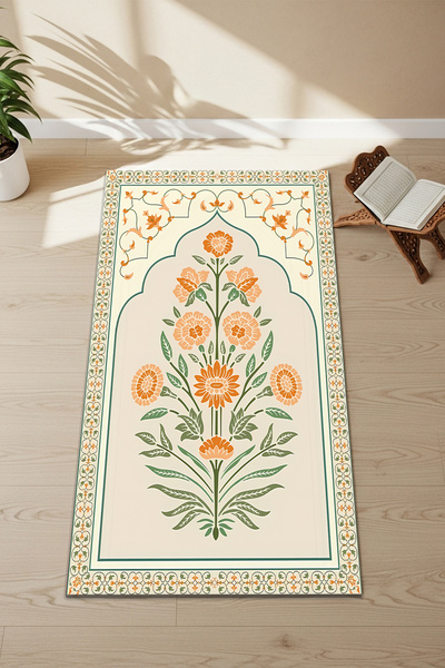 Etnik Dekor سجادة صلاة/سجادة صلاة للأطفال بطباعة رقمية بنمط زهرة برتقالية وقا...