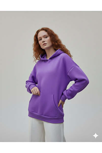 FAVORİST Women's Basic Hooded Soft Fleece-Lined Combed Cotton