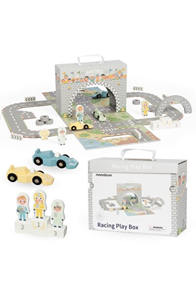 mamabrum Valisa magnetica cu pista de curse, vehicule din lemn si accesorii rutiere