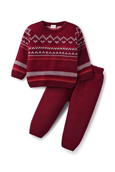 Babyhug Knitted Full Sleeves Sweater Set with Aztec Design - Maroon