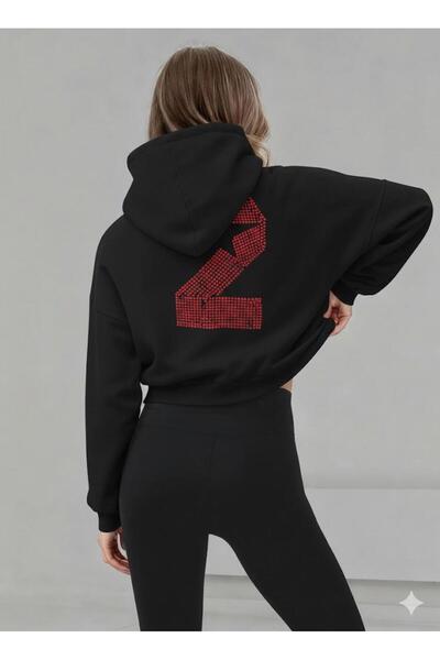 Afri Siyah Taş Detaylı Kapüşonlu Crop Sweatshirt ve Yüksek Bel Fitilli Tayt T...
