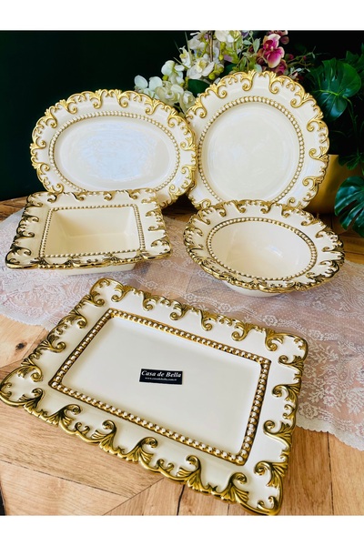 CASA DE BELLA Gold Kenarlı 5 Parça Kabartmalı Sunum Servis Seti