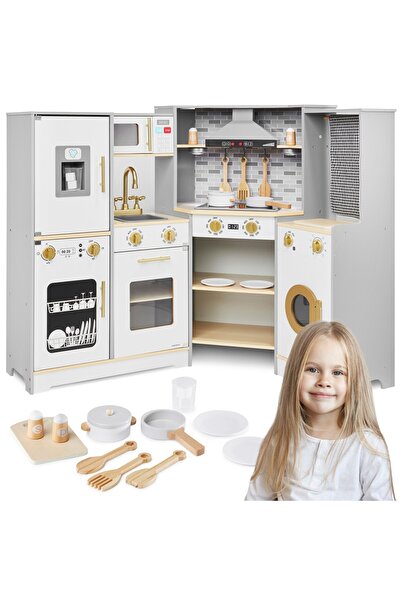 mamabrum Bucătărie interactivă din lemn XXXL cu iluminare LED, hotă și accesorii